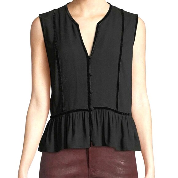 FRAME Tops - Frame Women's Black Sleeveless V-Neck Peplum Blouse Top Size Medium Velvet Trim